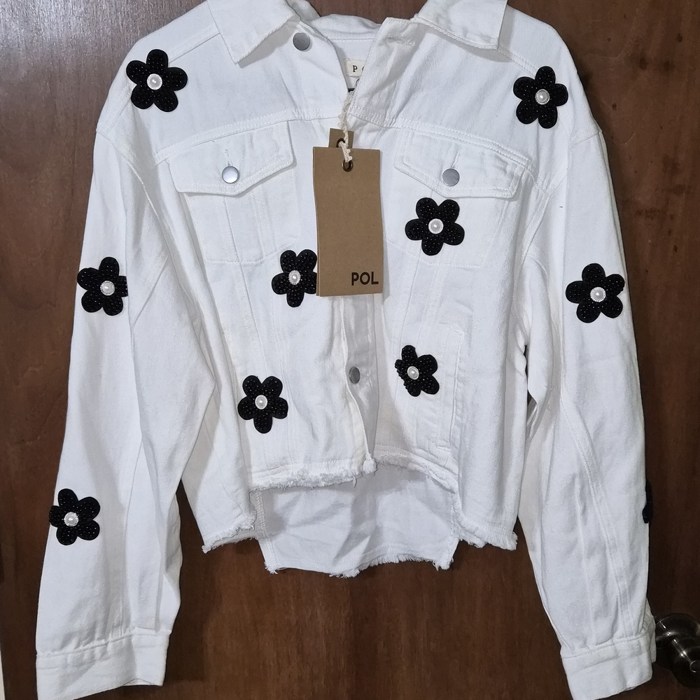 POL Women's White Jean Jacket with Black Floral Design